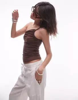 Асимметричный топ Topshop из джерси с бретелями коричневого цвета