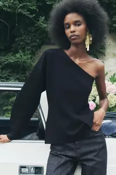 Асимметричный трикотажный топ ZARA, черный