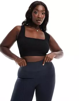 ASOS 4505 Curve – Icon – Черный бесшовный спортивный бюстгальтер в рубчик с квадратным вырезом и средней поддержкой
