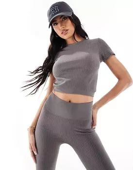 ASOS 4505 – Icon – спортивная футболка короткого кроя в рубчик стального серого цвета
