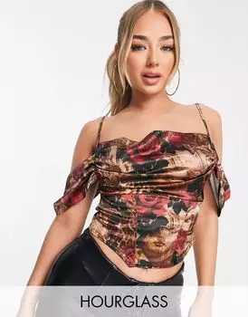 ASOS Атласный корсетный топ с открытыми плечами Fuller Bust, ренессансным принтом и воротником-хомутом