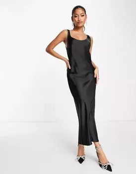 ASOS – черное атласное платье миди с бретелями и U-образным вырезом