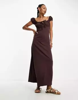 ASOS – черное платье миди с короткими рукавами, декоративными рюшами и завязками