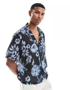 ASOS DESIGN 2013 Черная рубашка свободного кроя свободного кроя с глубоким кубинским воротником и нечетким цветочным узором в 3 ряда