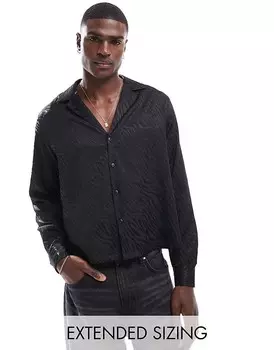 ASOS DESIGN 2013 Черная рубашка свободного кроя с глубоким круглым вырезом и ребристыми полосками под зебру