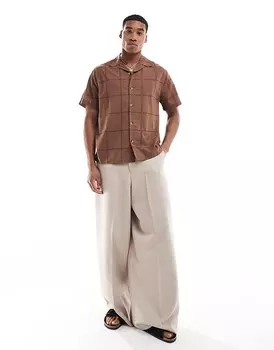 ASOS DESIGN 2013 Коричневая свободная рубашка с кубинским воротником в клетку с вышивкой