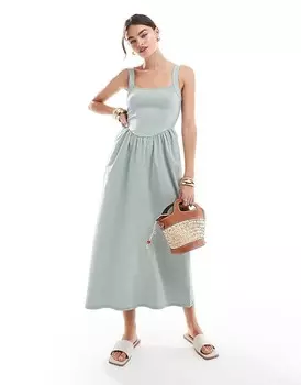 ASOS DESIGN 2013 Серое платье миди в стиле 90-х с квадратным вырезом и пышной юбкой бенгальского цвета
