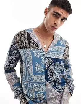 ASOS DESIGN 2013 Синяя рубашка свободного кроя с кубинским воротником в узор банданы