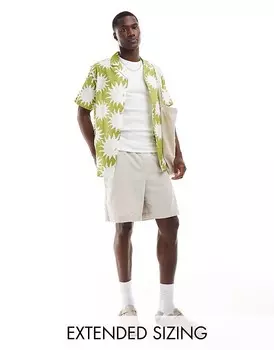 ASOS DESIGN 2013 Зеленая рубашка свободного кроя с воротником-стойкой льняного оттенка с солнечным узором
