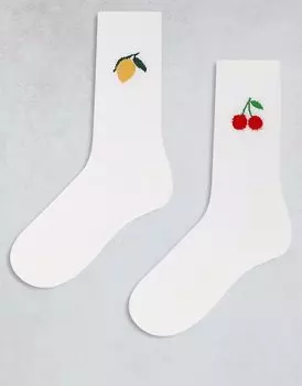 ASOS DESIGN 2 пары носков с вышивкой лимона и вишни, белого цвета