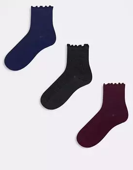ASOS DESIGN, 3 пары носков длиной до щиколотки с оборками, разноцветные
