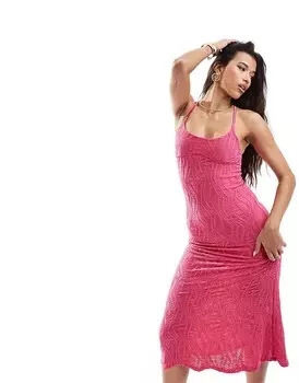ASOS DESIGN 3 Розовое фактурное платье миди с бретелями и декоративной строчкой на груди