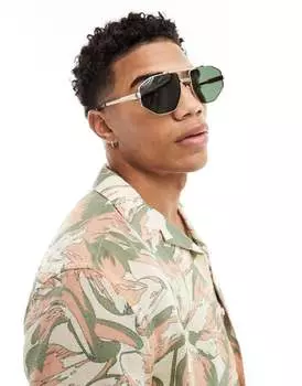 ASOS DESIGN – Архив – Золотые угловатые очки-авиаторы с зелеными линзами и цепочкой