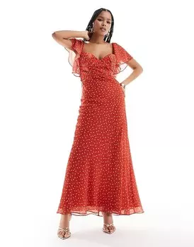 ASOS DESIGN – Асимметричное платье макси из атласа и шифона в мелкий горошек, с корсетной деталью и развевающимися рукавами
