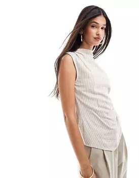 ASOS DESIGN – Асимметричный топ с драпированным высоким воротником из смесового льна натурального цвета