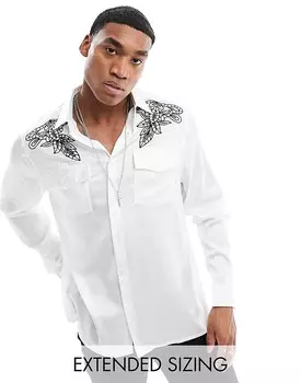 ASOS DESIGN – Атласная рубашка свободного кроя белого цвета с деталями в западном стиле