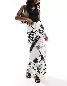 ASOS DESIGN – Атласная юбка-макси с открыточным принтом и асимметричным кроем с завязывающимся поясом