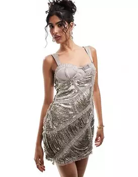 ASOS DESIGN – Атласное мини-платье с жемчугом и бисером, пайетками, корсетом и драпировкой