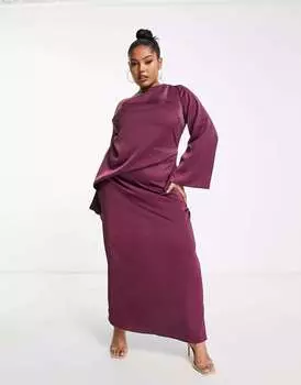ASOS DESIGN Атласное платье макси с открытыми плечами и драпировкой винного цвета