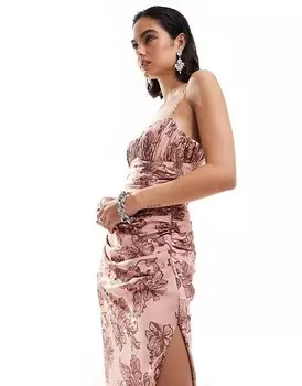 ASOS DESIGN — атласное платье миди с бретелями и присборенной талией, ржавым цветочным принтом, со сборкой на талии