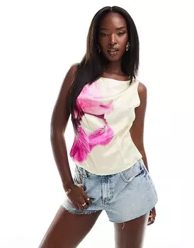 ASOS DESIGN – Атласный топ цвета слоновой кости с цветочным узором