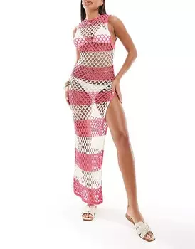 ASOS DESIGN Ажурное вязаное пляжное платье макси с 4 рукавами в розово-кремовую полоску