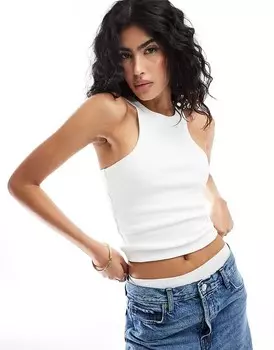 ASOS DESIGN – Белая двухслойная майка в рубчик со спинкой-борцовкой и окантовкой