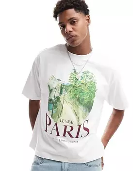 ASOS DESIGN – Белая футболка квадратного кроя с графикой и надписью Paris = спереди