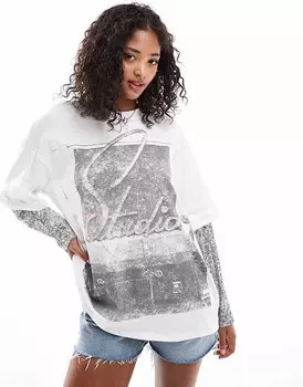ASOS DESIGN – белая футболка оверсайз с фотопринтом и рукавами с пайетками