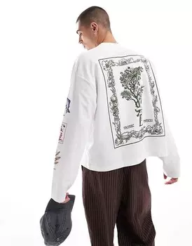 ASOS DESIGN — белая футболка свободного кроя с длинными рукавами и принтом плотностью 220 г/м