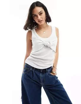 ASOS DESIGN – Белая майка в рубчик с овальным вырезом и завязанной накладкой спереди