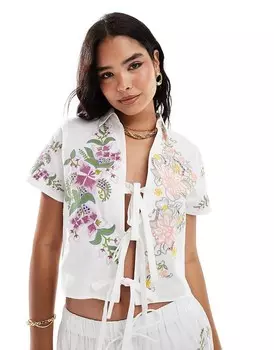 ASOS DESIGN - Белая рубашка с завязками спереди и цветочным узором, часть комплекта