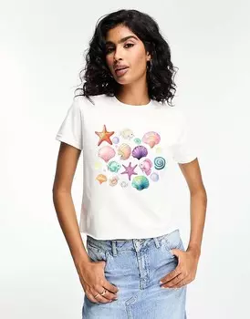 ASOS DESIGN – белая укороченная облегающая футболка с изображением ракушек