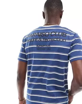 ASOS DESIGN – Бело-темно-синяя полосатая футболка с принтом на спине