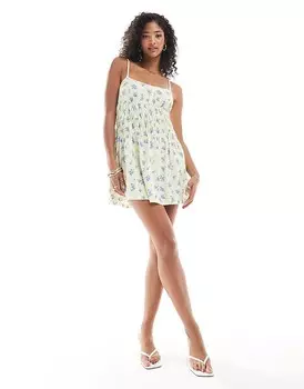 ASOS DESIGN Белое мини-платье с рюшами, бретелями и мелким узором
