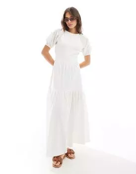 ASOS DESIGN – белое многослойное платье макси с английской вышивкой и пышными рукавами