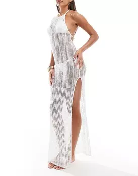 ASOS DESIGN – Белое пляжное платье макси крючком с воротником-хомутом