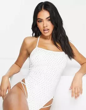 ASOS DESIGN – Белый купальник с перекрещенными бретелями на спине и украшениями