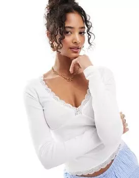 ASOS DESIGN – белый топ с длинными рукавами, V-образным вырезом и кружевом
