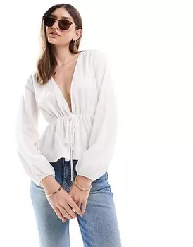 ASOS DESIGN – Белый укороченный топ с длинными рукавами из плотной ткани с завязками