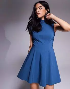 ASOS DESIGN bengaline мини-платье с высоким воротом, асимметричными рукавами и швами из денима синего цвета