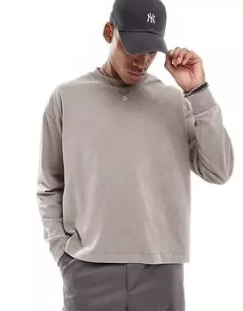 ASOS DESIGN – бежевая футболка оверсайз с длинными рукавами и эффектом потертости