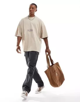 ASOS DESIGN – Бежевая футболка оверсайз с принтом в стиле гранж спереди