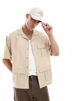 ASOS DESIGN – Бежевая рубашка оверсайз с кубинским воротником и карманами-карго
