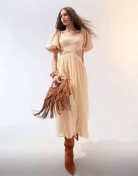 ASOS DESIGN Бежевое платье миди из твила и корсета с вырезом и объемными рукавами с узкими манжетами