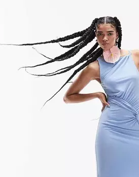 ASOS DESIGN – Бледно-голубое платье миди в сетку с закрученной деталью на высоком вырезе
