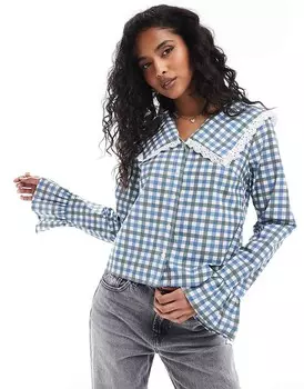 ASOS DESIGN — Блуза из хлопкового поплина в клетку с большим воротником
