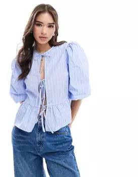 ASOS DESIGN – блузка с баской с завязками спереди из полосатого хлопкового поплина