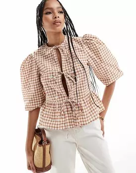 ASOS DESIGN – Блузка в клетку из хлопкового поплина коричневого цвета с завязками