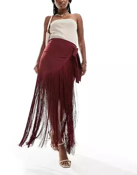 ASOS DESIGN – бордовая атласная юбка макси с запахом и бахромой